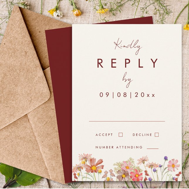 Wildflower Boho Terracotta Fall Wedding Reply RSVP Card (Wildflower boho burgundy terracotta fall wedding reply enclosure card)