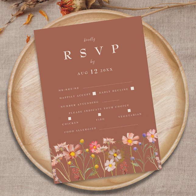 Wildflower Boho Terracotta Meal Option Wedding RSVP Card (Wildflower boho fall floral terracotta rust beige Wedding reception meal options RSVP enclosure card)