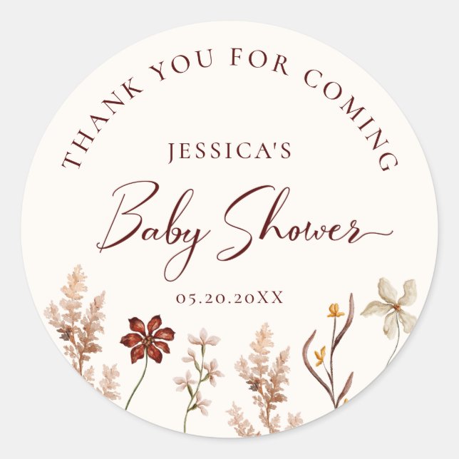 Wildflower Boho Thank You Baby Shower Classic Round Sticker (Front)
