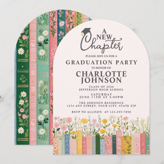 Wildflower Books A New Chapter Graduation Party Invitation (Front/Back)