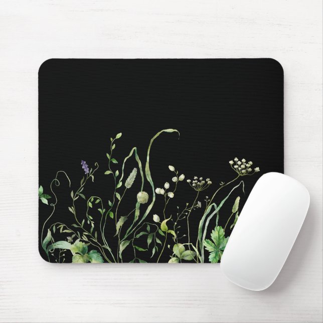 Wildflower Border On Black Mouse Mat (With Mouse)