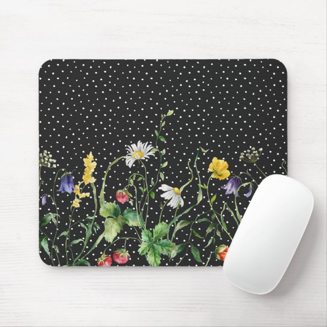 Wildflower Border On Polka Dots Mouse Mat (With Mouse)