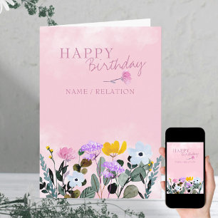 Wildflower Border Pink Watercolor Birthday Card