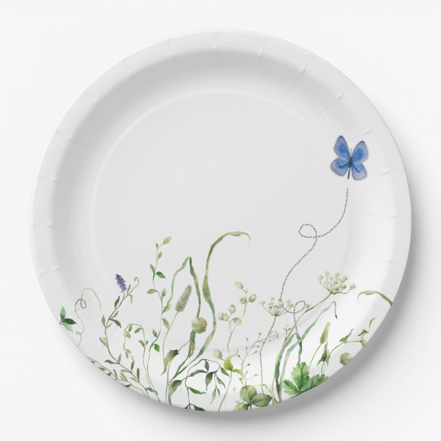 Wildflower Border With Blue Butterfly Paper Plate (Front)
