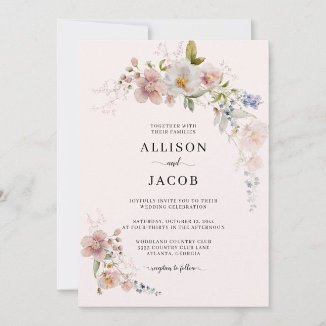 Wildflower Botanical Blush Pink Floral Wedding Invitation (Front)