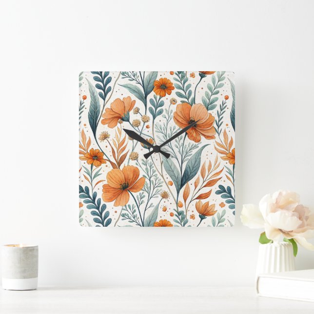 Wildflower Botanical Boho Floral Watercolor Square Wall Clock (Home)