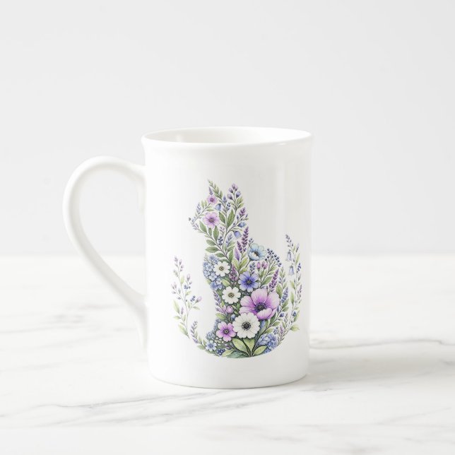 Wildflower Botanical Cat Silhouette Bone China Mug (Left)