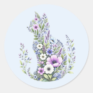 Wildflower Botanical Cat Silhouette Classic Round Sticker