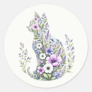 Wildflower Botanical Cat Silhouette Classic Round Sticker