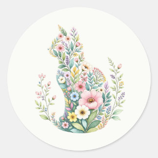 Wildflower Botanical Cat Silhouette Classic Round Sticker