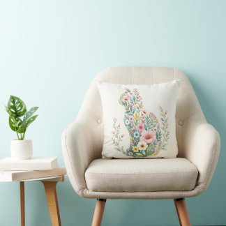 Wildflower Botanical Cat Silhouette Cushion