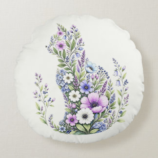 Wildflower Botanical Cat Silhouette Round Cushion