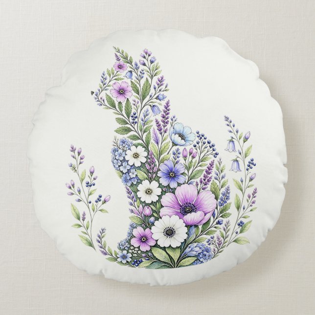 Wildflower Botanical Cat Silhouette Round Cushion (Front)