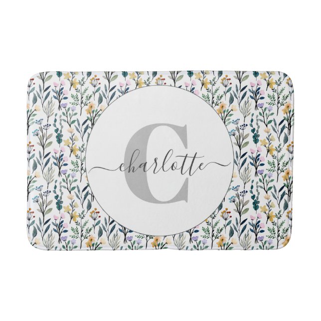 Wildflower Botanical Monogram Personalised Name Bath Mat (Front)