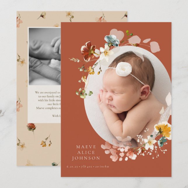 Wildflower Botanical Oval Photo Birth Announcement (Front/Back)