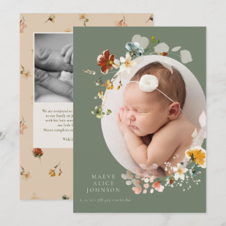 Wildflower Botanical Oval Photo Birth Announcement
