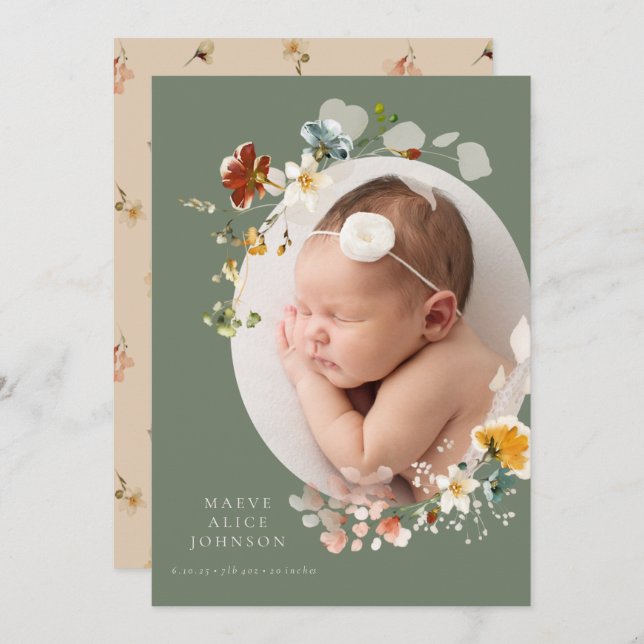 Wildflower Botanical Oval Photo Birth Announcement (Front/Back)