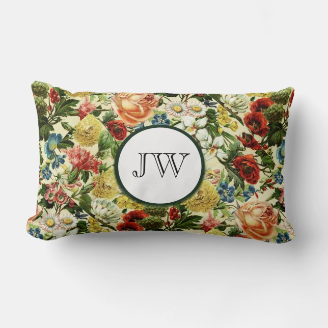 Wildflower botanical summer garden monogram lumbar cushion (Front)