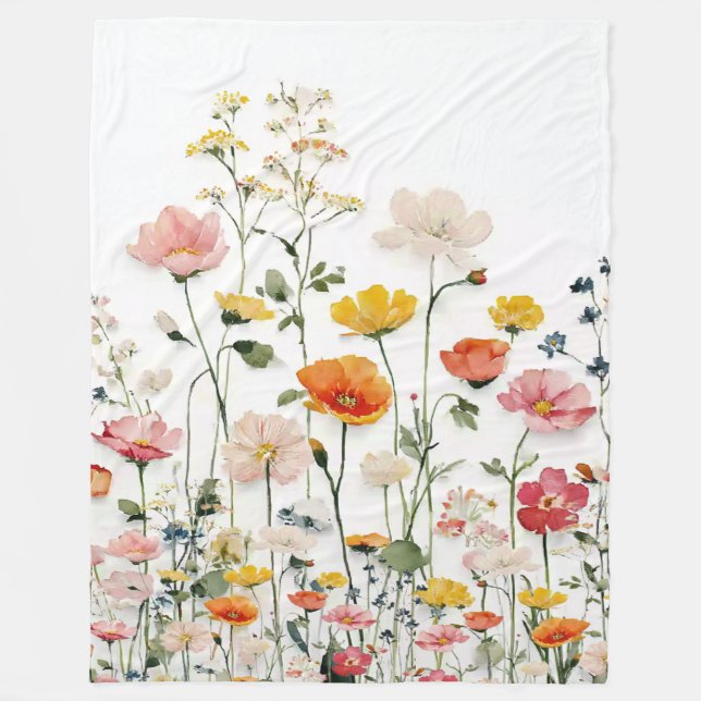 Wildflower Botanical Watercolor  Fleece Blanket (Front)