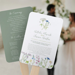 Wildflower botanical watercolor wedding program hand fan