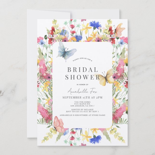 Wildflower Bouquet & Butterfly Bridal Shower Invitation (Front)