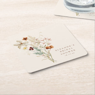 Wildflower Bouquet Cream Vintage Bridal Shower Square Paper Coaster