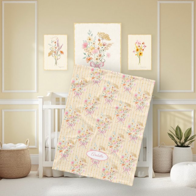 Wildflower Bouquet Floral Ribbon Striped Name Girl Fleece Blanket (Creator Uploaded)