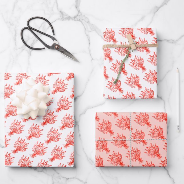 Wildflower Bouquet Floral Whimsical Red Pink Wrapping Paper Sheet (Front)