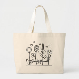 Wildflower Bouquet Line Art Large Tote Bag