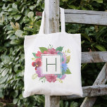 Wildflower Bouquet Monogram Tote Bag<br><div class="desc">Spring chic tote bag features a bouquet of wildflowers in vibrant watercolors,  with your single initial monogram in the center in coordinating dark green.</div>