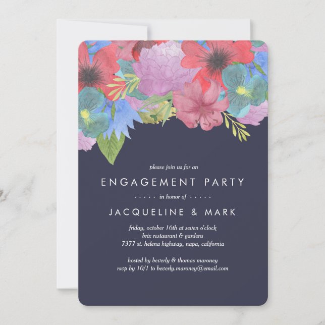 Wildflower Bouquet Navy | Engagement Party Invitation (Front)