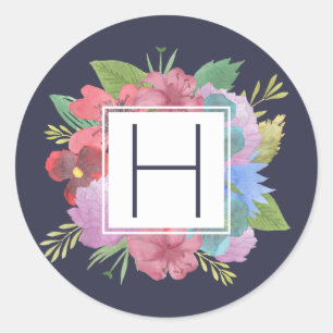 Wildflower Bouquet Navy Monogram Classic Round Sticker