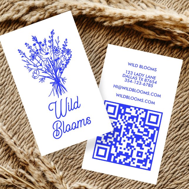 Wildflower Bouquet Rustic Minimal Floral Blue QR  Business Card (Wildflower Bouquet Rustic Minimal Floral Blue QR Business Card
)