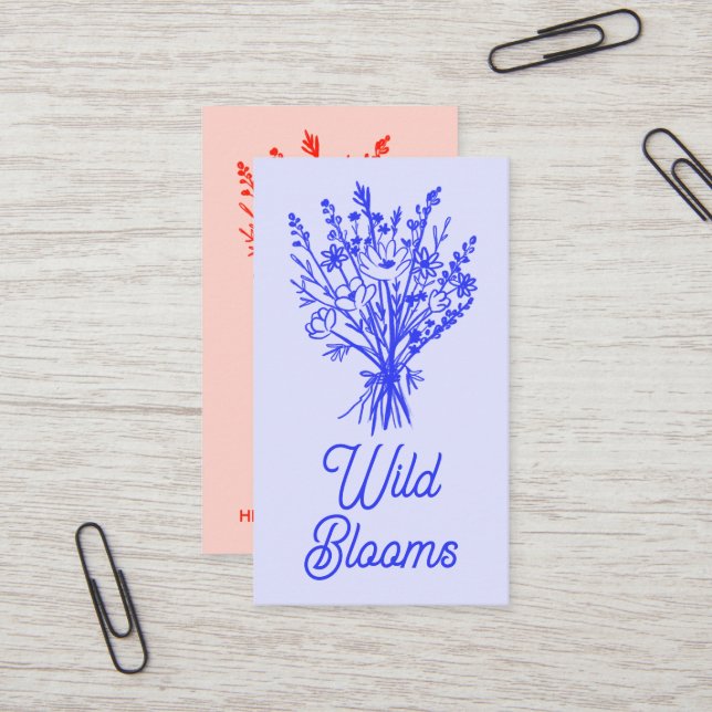 Wildflower Bouquet Rustic Minimal Floral Blue Red Business Card (Front/Back In Situ)