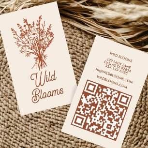 Wildflower Bouquet Rustic Minimal Floral Brown QR  Business Card