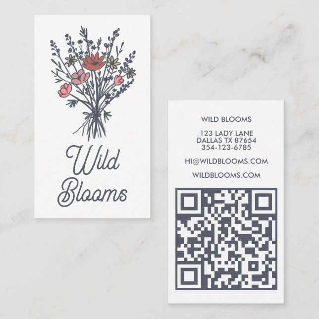 Wildflower Bouquet Rustic Minimal Floral QR code Business Card (Front/Back)