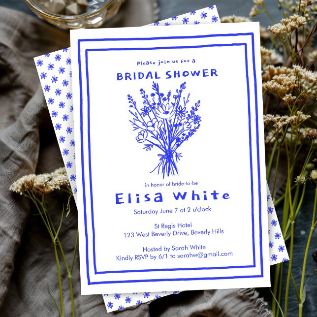 Wildflower Bouquet Rustic Whimsical Bridal Shower  Invitation (Wildflower Bouquet Rustic Whimsical Bridal Shower Custom Cute Blue White Invitation)
