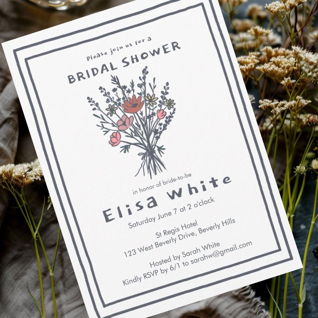 Wildflower Bouquet Rustic Whimsical Bridal Shower  Invitation (Wildflower Bouquet Rustic Whimsical Bridal Shower Invitation Custom Doodle Sketch Scribble)