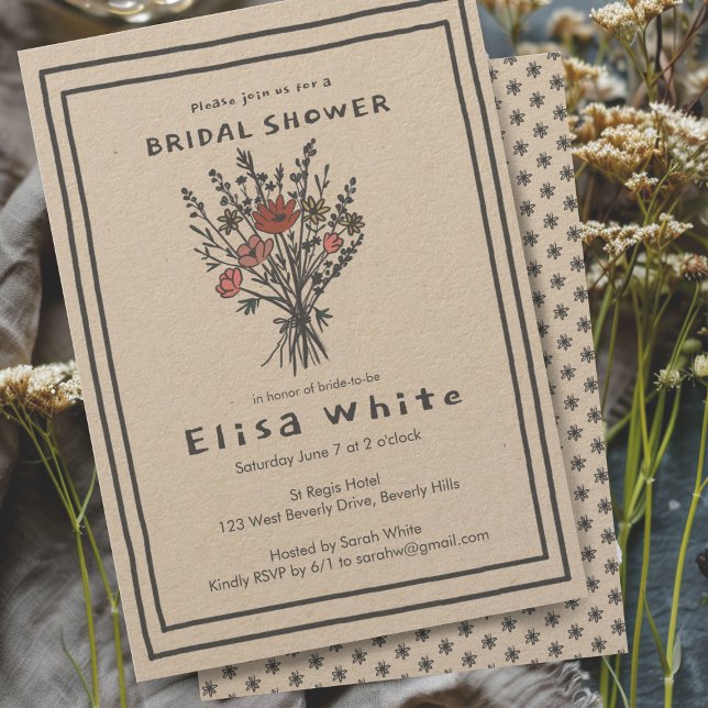Wildflower Bouquet Rustic Whimsical Bridal Shower  Invitation (Wildflower Bouquet Rustic Whimsical Bridal Shower Custom Invitation Kraft Paper)
