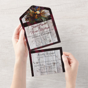 Wildflower Bouquet with Burgundy Ribbon Wedding All In One Invitation