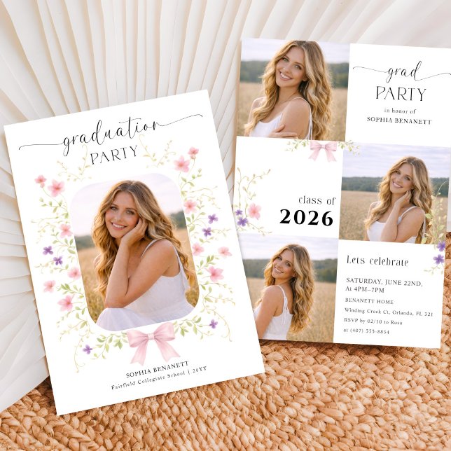 Wildflower Bow Graduation Party Photo Collage Invitation (Creator Uploaded)