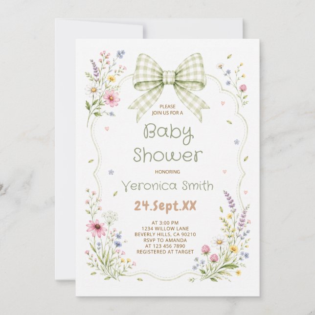  Wildflower Bow Sage Baby Shower Invitation (Front)