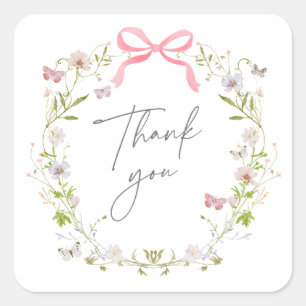Wildflower Bow Wreath Thank You Square Sticker