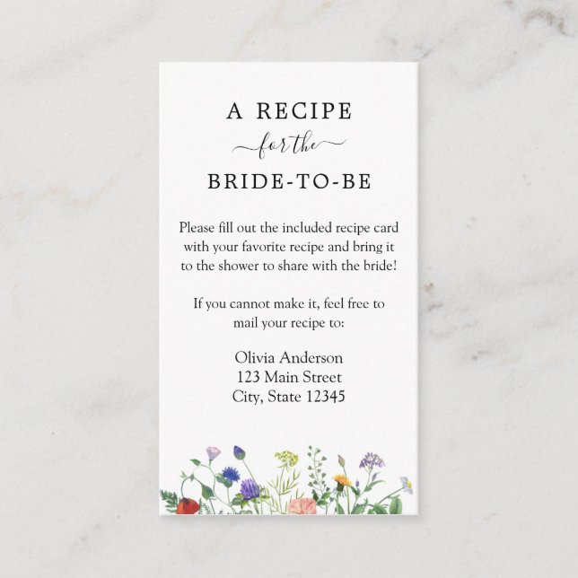 Wildflower Bridal Recipe Request  Enclosure Card (Front)