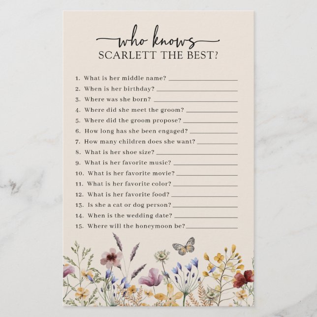 Wildflower Bridal Shower Game (Front)