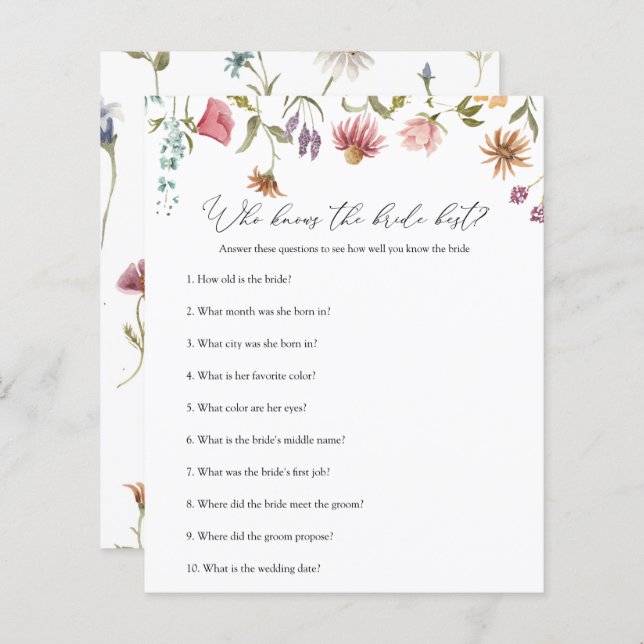 Wildflower Bridal Shower Game Who Knows Bride (Front/Back)