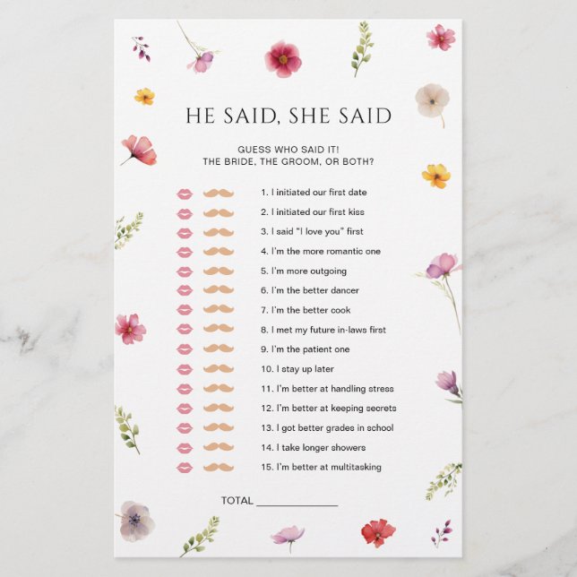Wildflower Bridal Shower He Said She Said Game (Front)