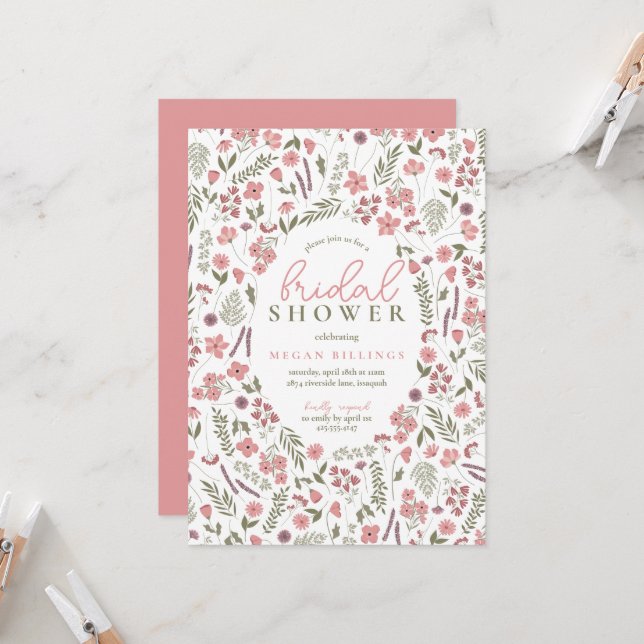 wildflower bridal shower invitation - pink (Front/Back In Situ)