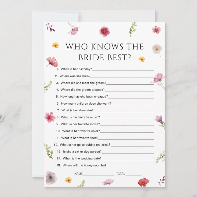 Wildflower Bridal Shower Who Knows Bride Game Card (Front)
