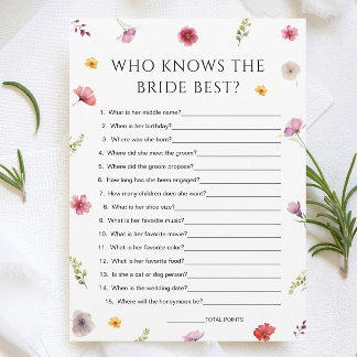 Wildflower Bridal Shower Who Knows Bride Game Card